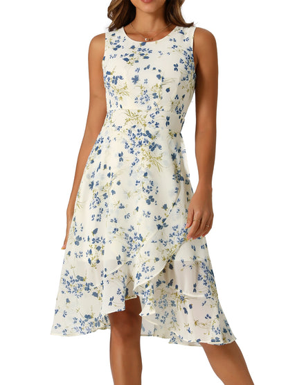 Beige-Blue Floral - Woman walking outdoors wearing a sleeveless floral chiffon midi sundress with an asymmetrical high-low ruffle hem.