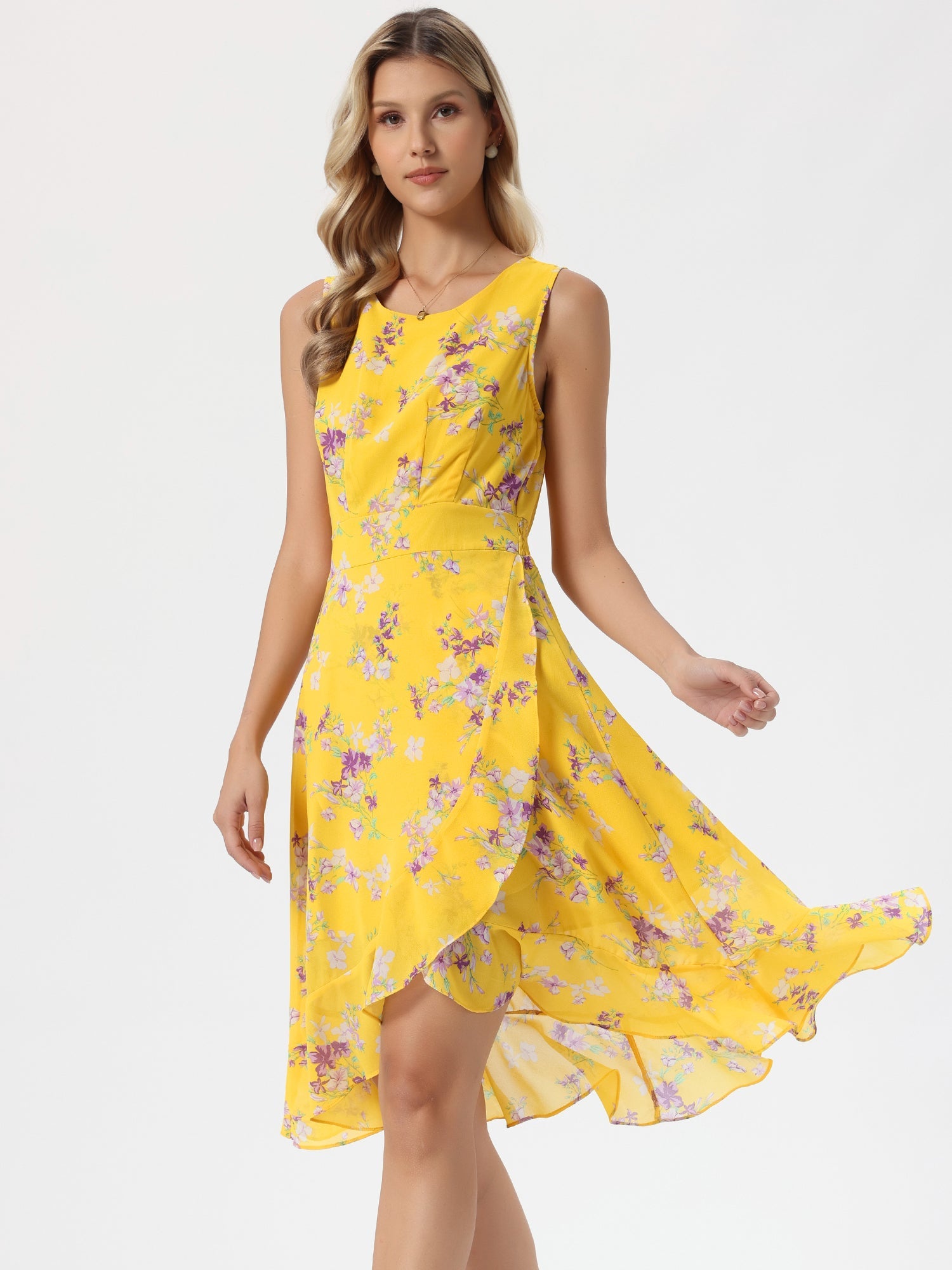 Yellow - Woman walking outdoors wearing a sleeveless floral chiffon midi sundress with an asymmetrical high-low ruffle hem.
