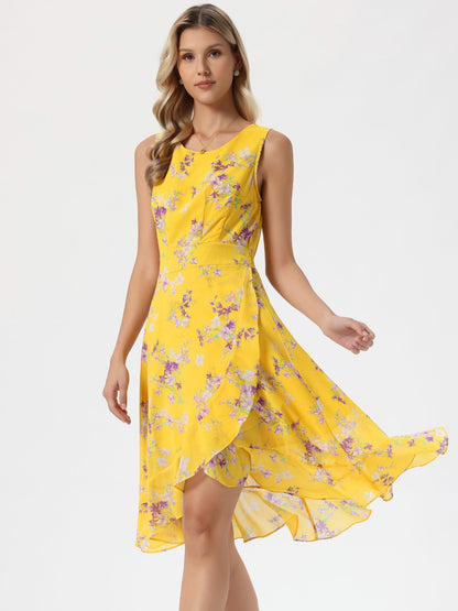 Yellow - Woman walking outdoors wearing a sleeveless floral chiffon midi sundress with an asymmetrical high-low ruffle hem.