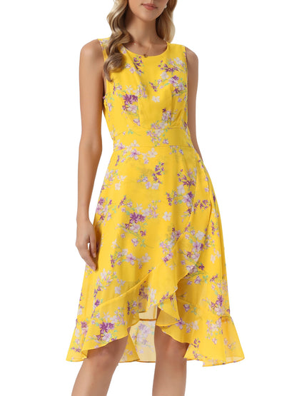 Yellow - Woman walking outdoors wearing a sleeveless floral chiffon midi sundress with an asymmetrical high-low ruffle hem.