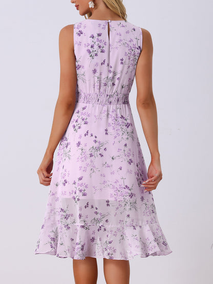 Purple - Woman walking outdoors wearing a sleeveless floral chiffon midi sundress with an asymmetrical high-low ruffle hem.