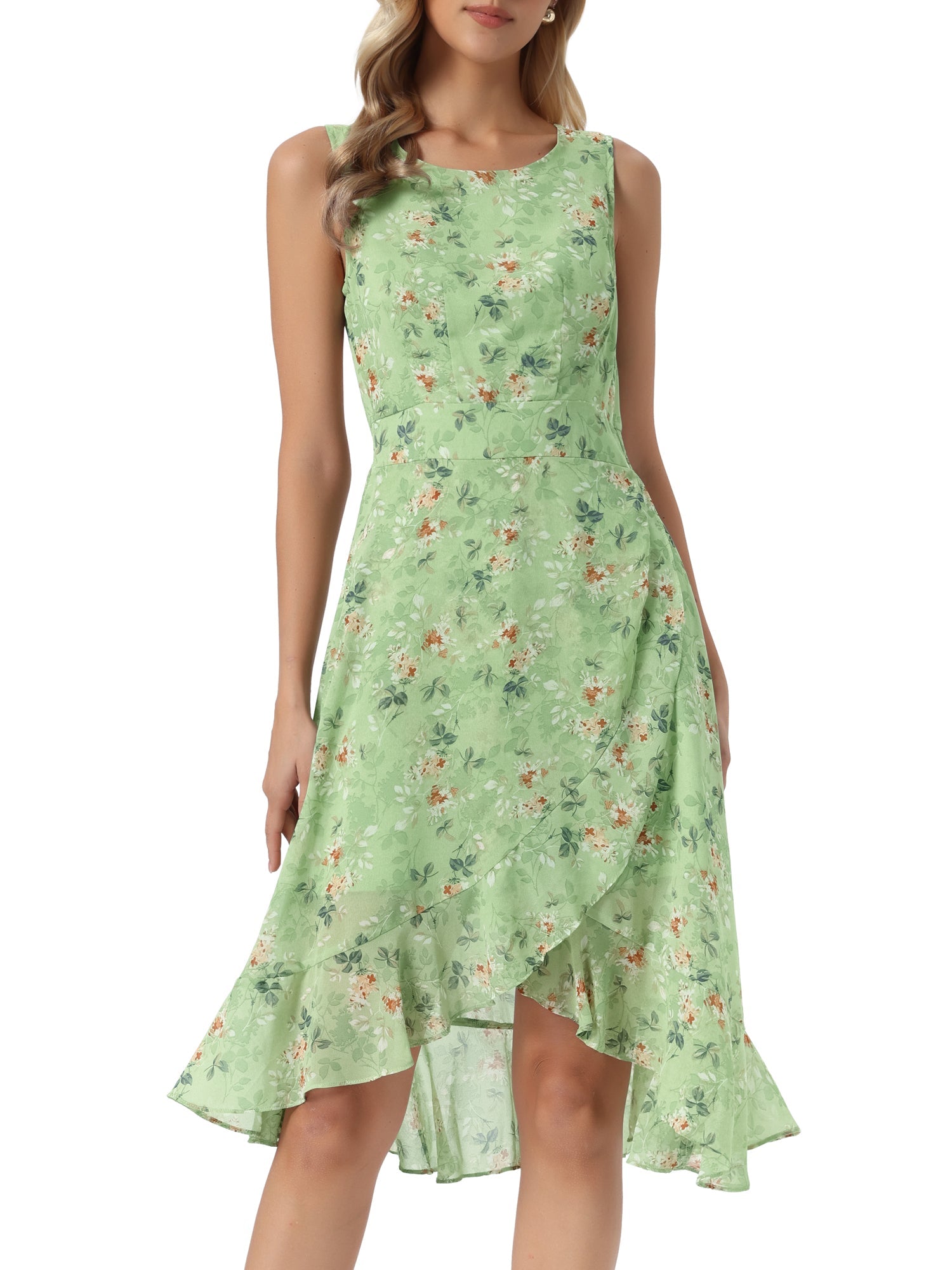Green - Woman walking outdoors wearing a sleeveless floral chiffon midi sundress with an asymmetrical high-low ruffle hem.