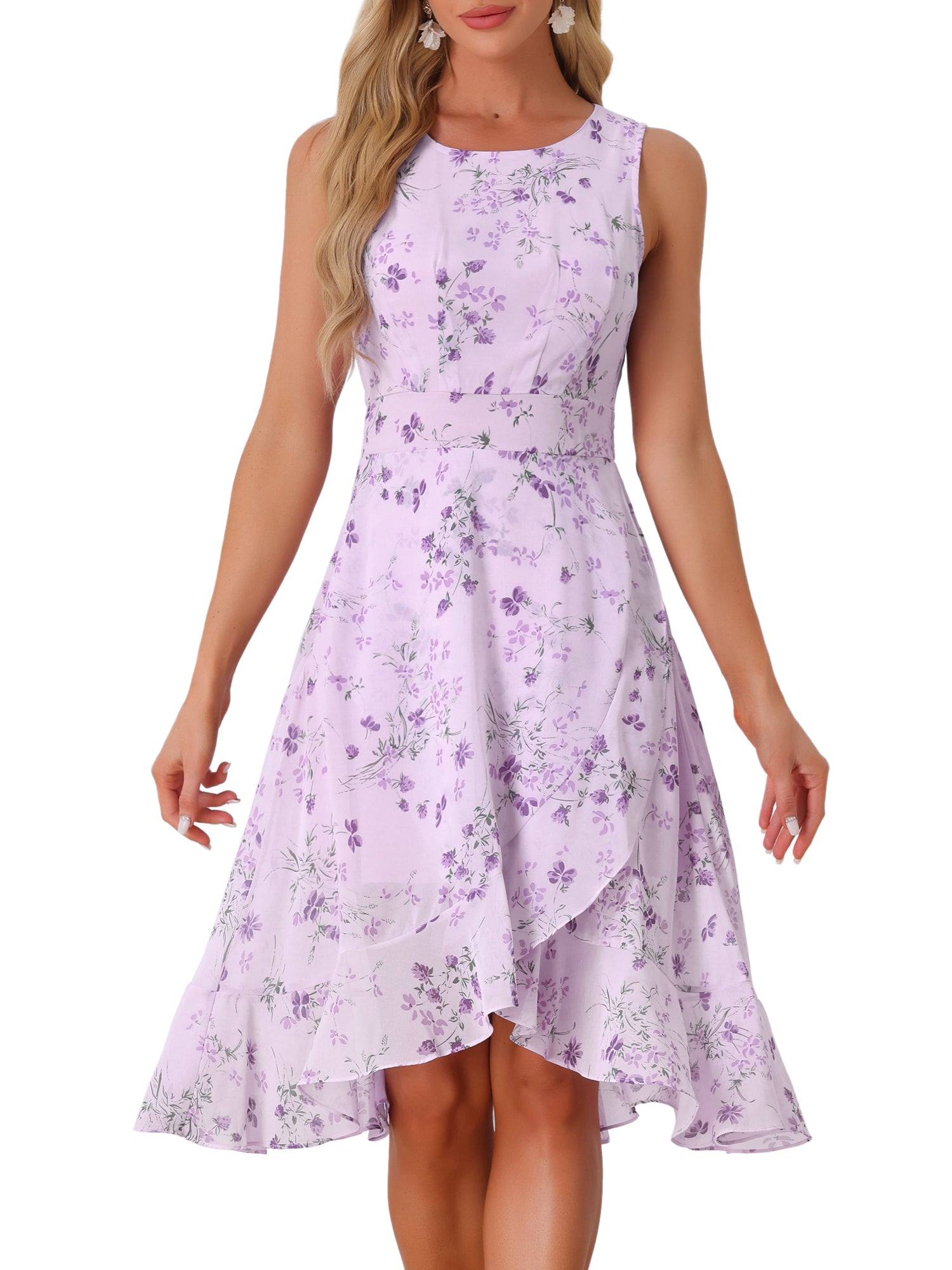 Purple - Woman walking outdoors wearing a sleeveless floral chiffon midi sundress with an asymmetrical high-low ruffle hem.