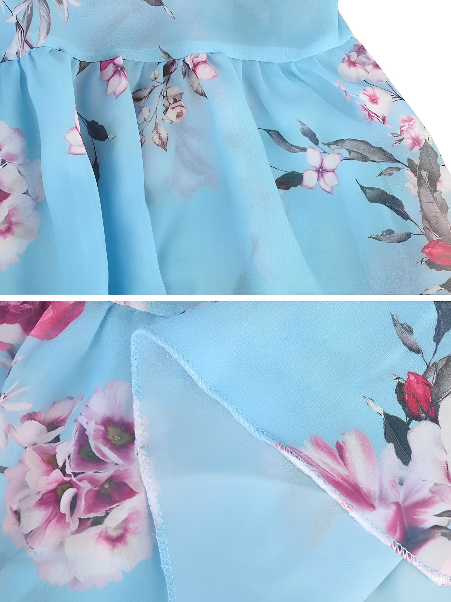 Light Blue - Woman wearing a floral print mini sundress with spaghetti straps, a large ruffle bodice overlay, and a tiered skirt