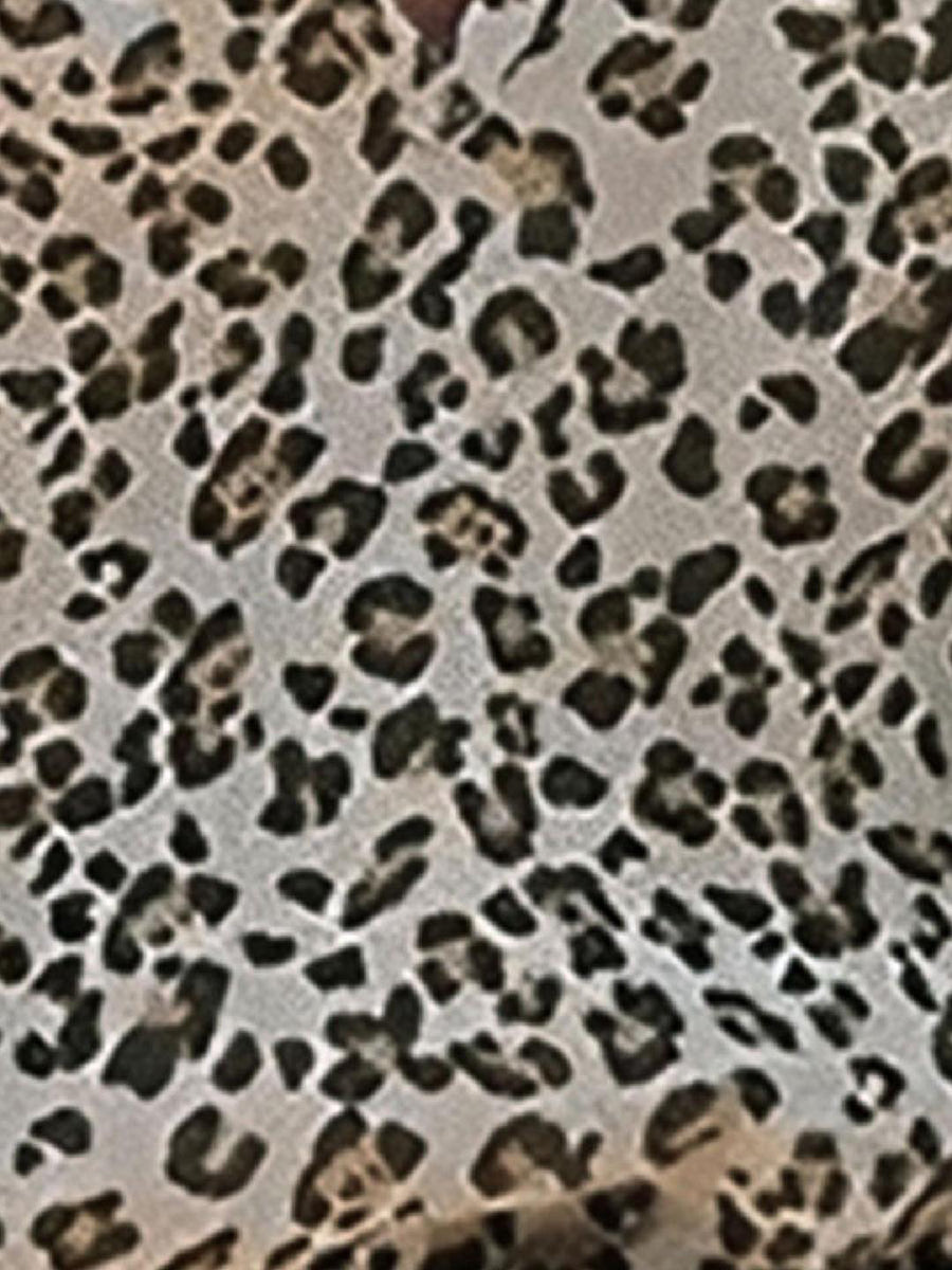 Leopard - Woman wearing a lightweight leopard print mini dress with long sleeves, a v-neckline with ties, a smocked waist, and a tiered ruffled skirt