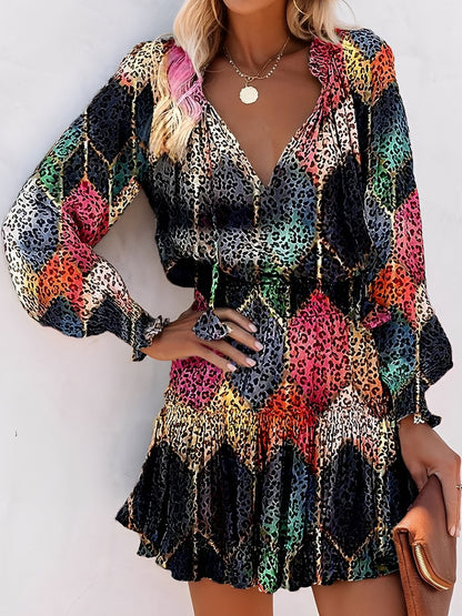 Black - Woman wearing a lightweight leopard print mini dress with long sleeves, a v-neckline with ties, a smocked waist, and a tiered ruffled skirt
