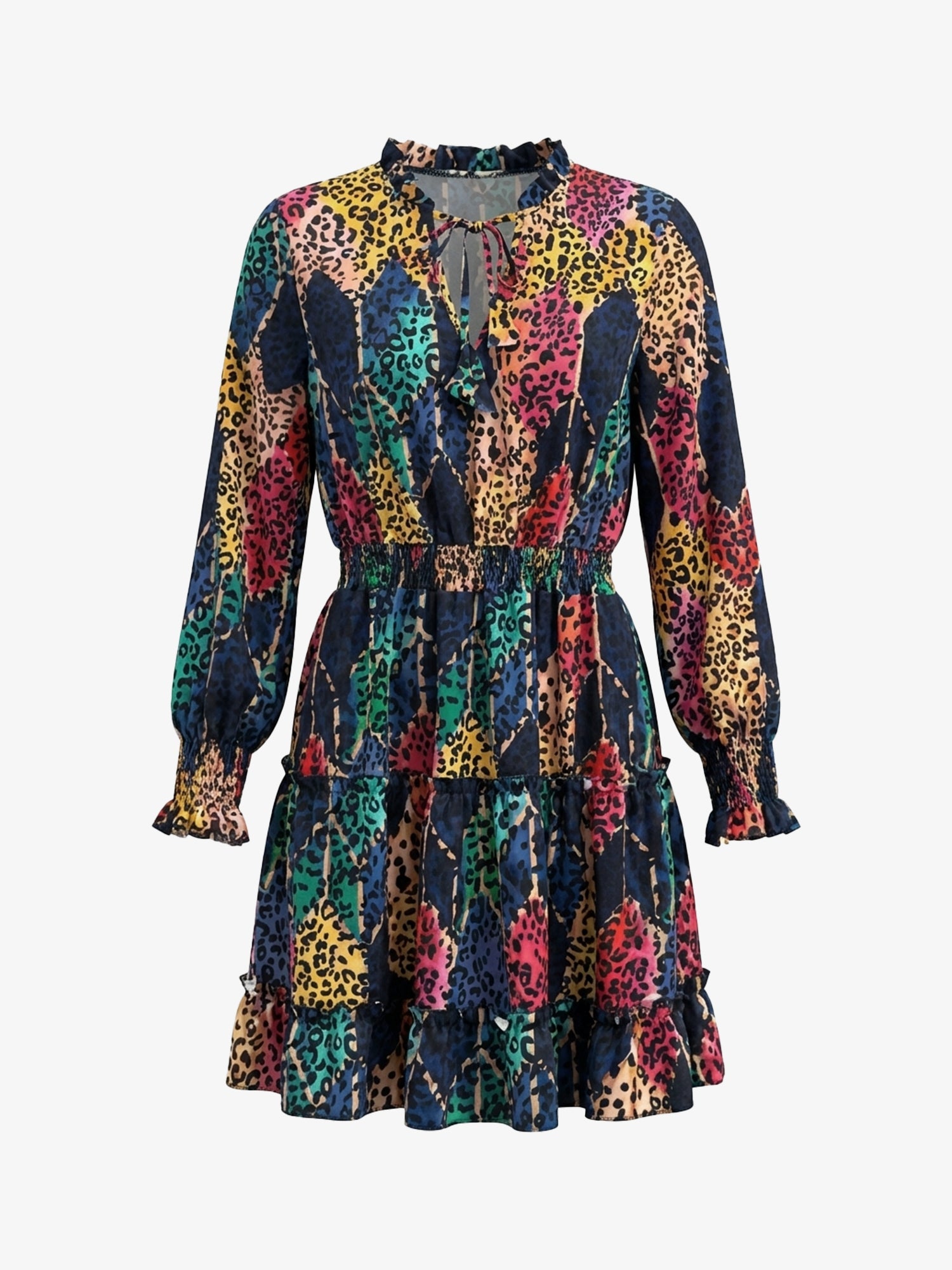 Black - Woman wearing a lightweight leopard print mini dress with long sleeves, a v-neckline with ties, a smocked waist, and a tiered ruffled skirt