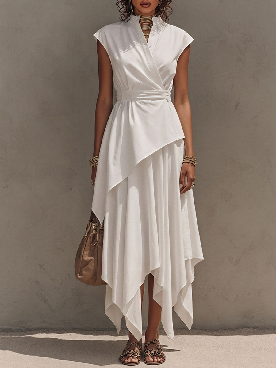 Off-White - Woman wearing a sleeveless, collared wrap midi dress with a cinched waist and asymmetrical handkerchief hemline.