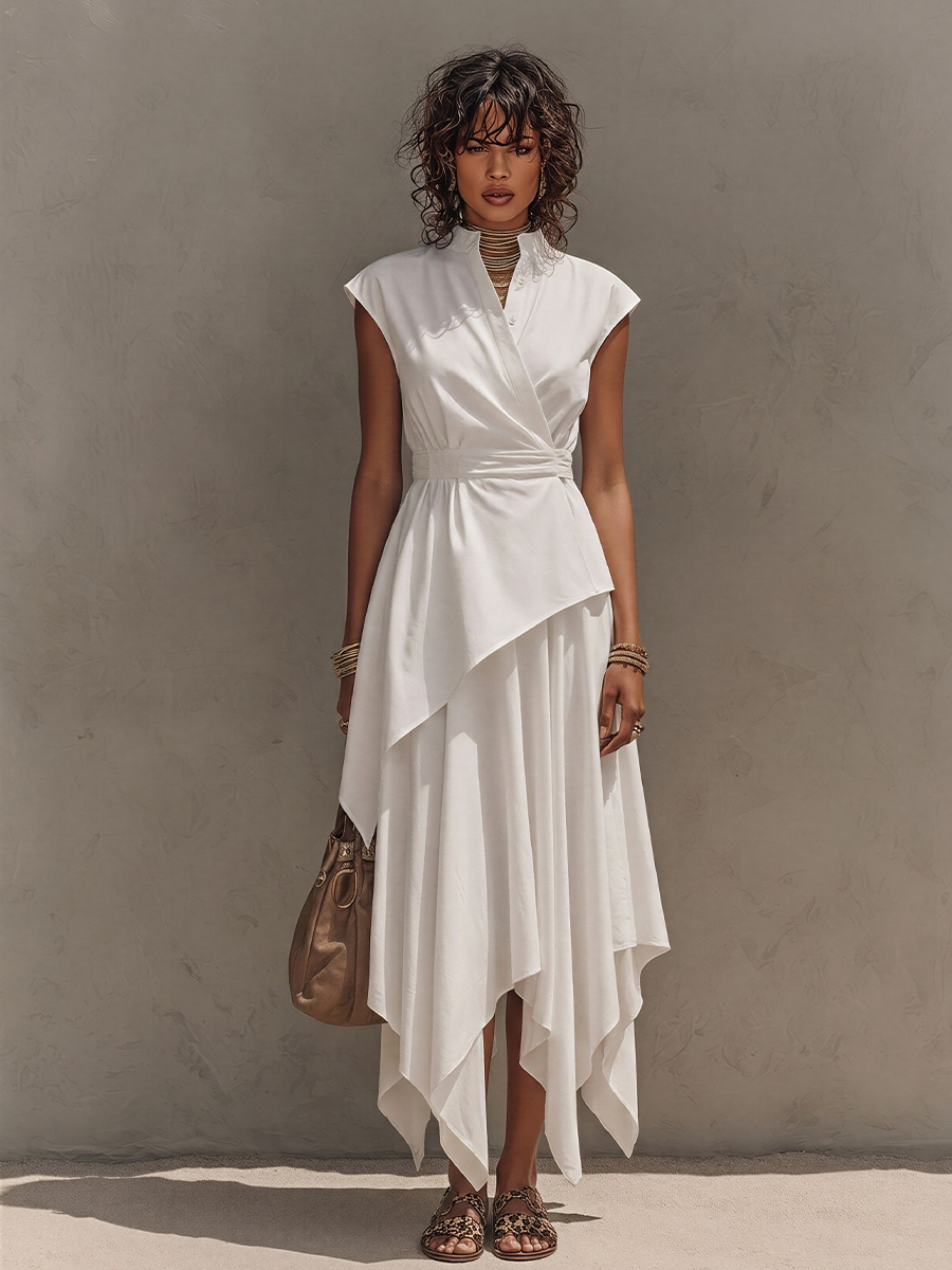 Off-White - Woman wearing a sleeveless, collared wrap midi dress with a cinched waist and asymmetrical handkerchief hemline.