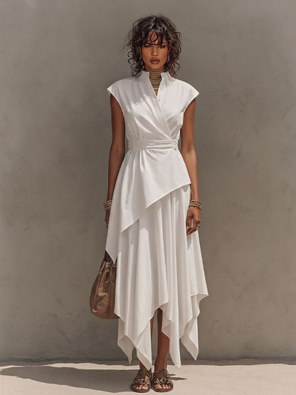 Off-White - Woman wearing a sleeveless, collared wrap midi dress with a cinched waist and asymmetrical handkerchief hemline.