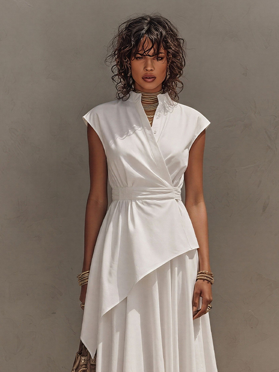 Off-White - Woman wearing a sleeveless, collared wrap midi dress with a cinched waist and asymmetrical handkerchief hemline.