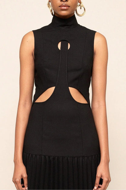 Black - A model wearing a sleeveless maxi dress featuring a high mock neck, geometric cutouts on the bodice, a drop waist, and a finely pleated floor-length skirt.