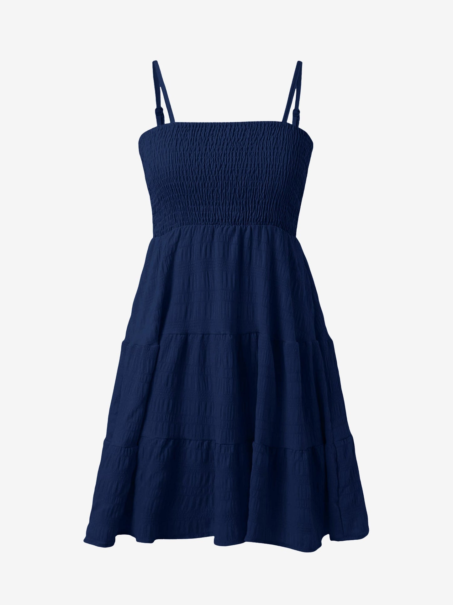 Navy Blue - Woman wearing a textured smocked bodice mini dress with spaghetti straps and a tiered skirt