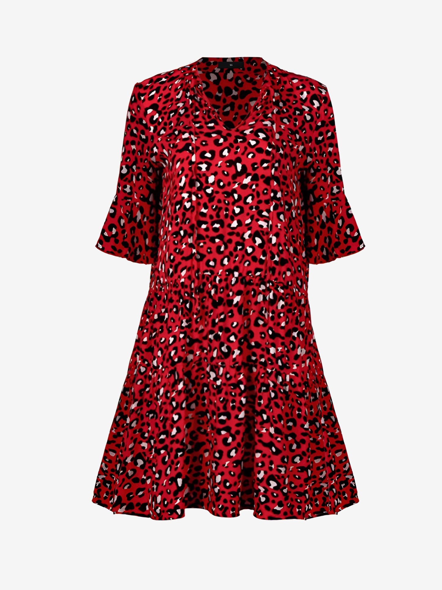 Red - Women's lightweight leopard print mini dress featuring a V-neckline with front ties, flared half sleeves, and a tiered skirt.
