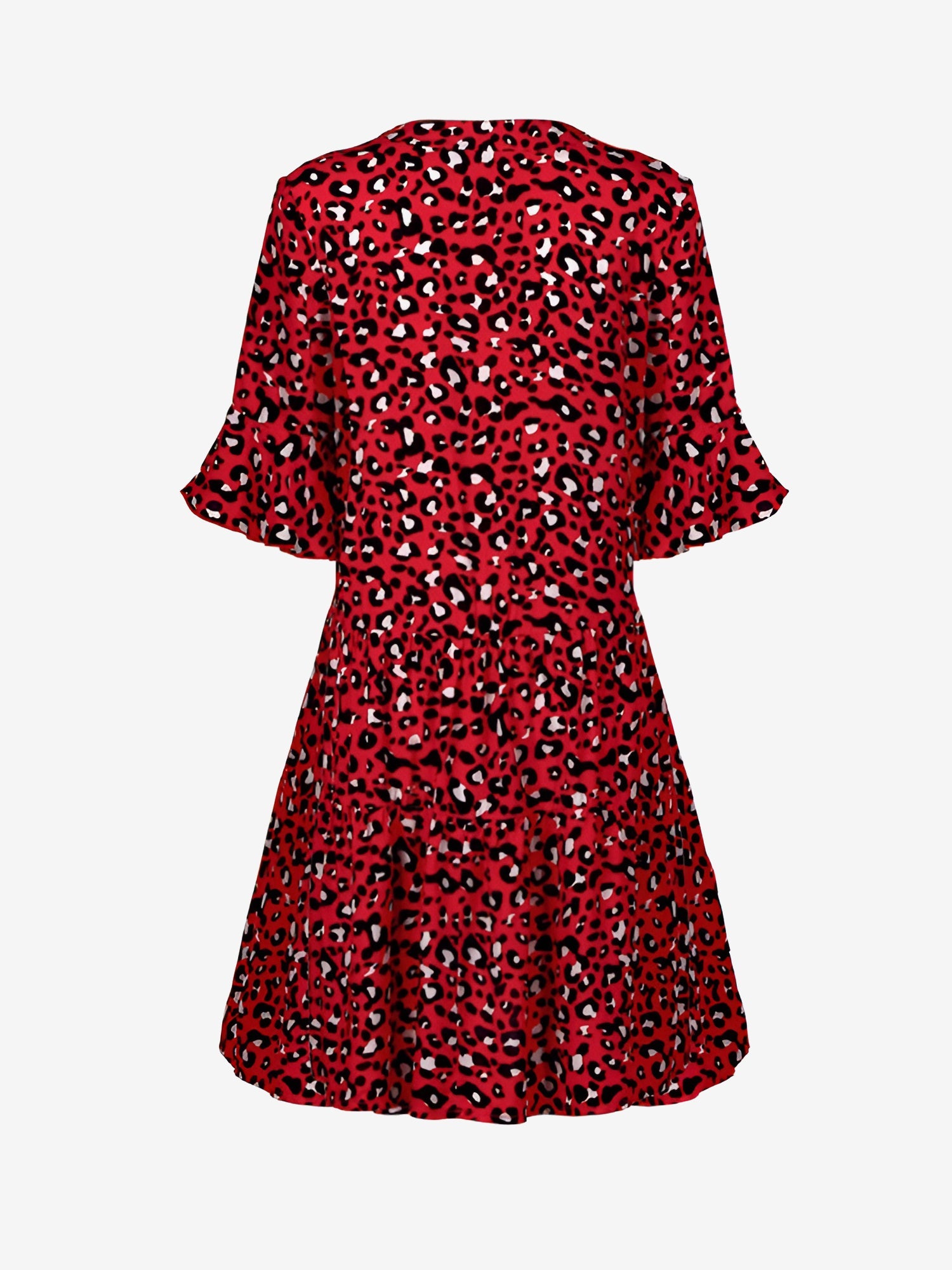 Red - Women's lightweight leopard print mini dress featuring a V-neckline with front ties, flared half sleeves, and a tiered skirt.