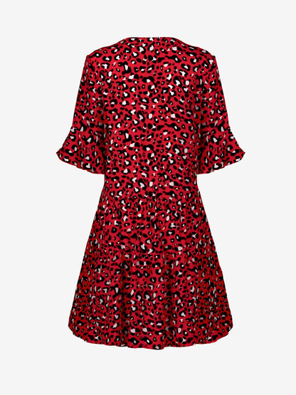 Red - Women's lightweight leopard print mini dress featuring a V-neckline with front ties, flared half sleeves, and a tiered skirt.