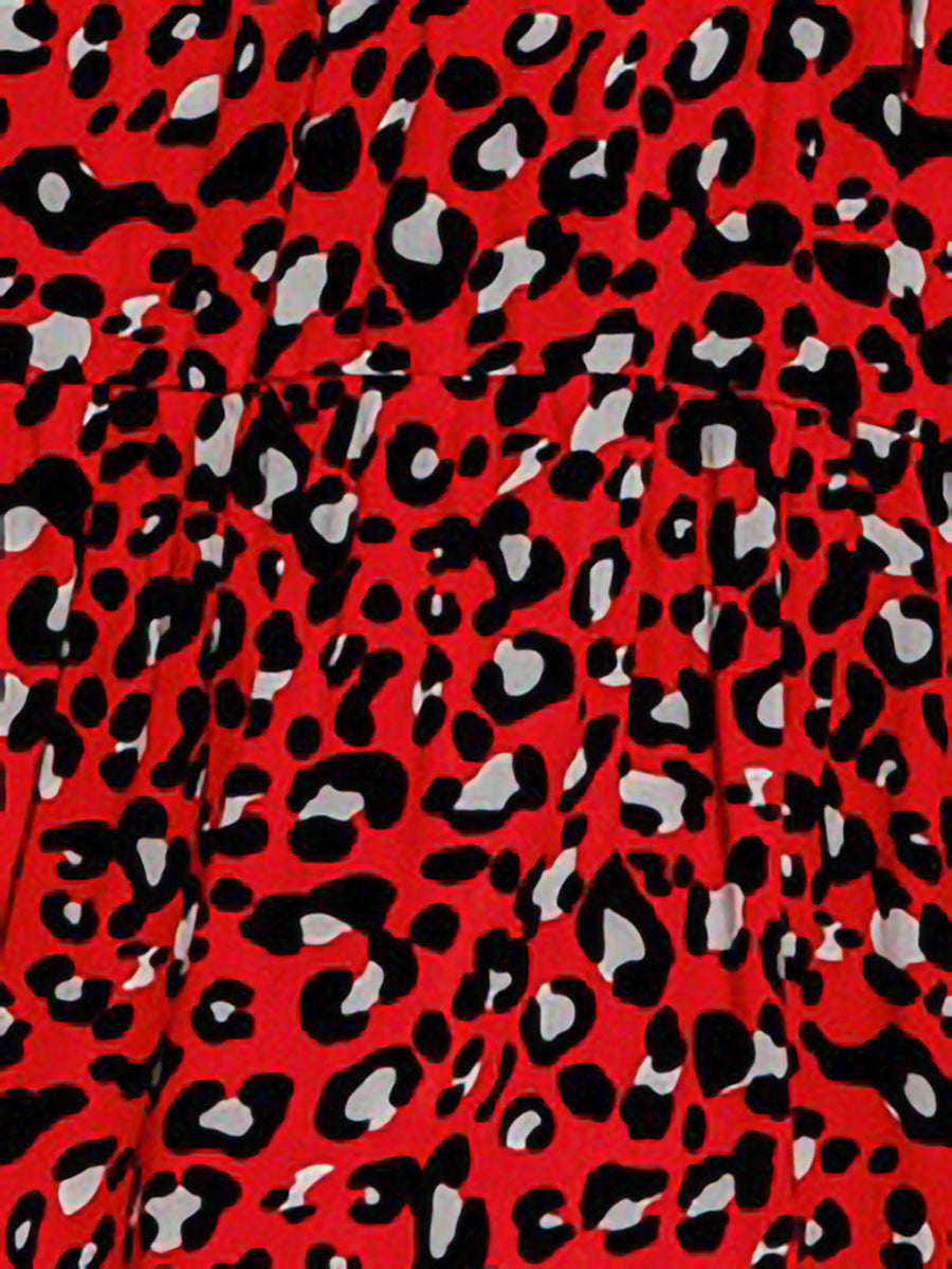 Red - Women's lightweight leopard print mini dress featuring a V-neckline with front ties, flared half sleeves, and a tiered skirt.