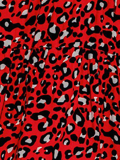 Red - Women's lightweight leopard print mini dress featuring a V-neckline with front ties, flared half sleeves, and a tiered skirt.