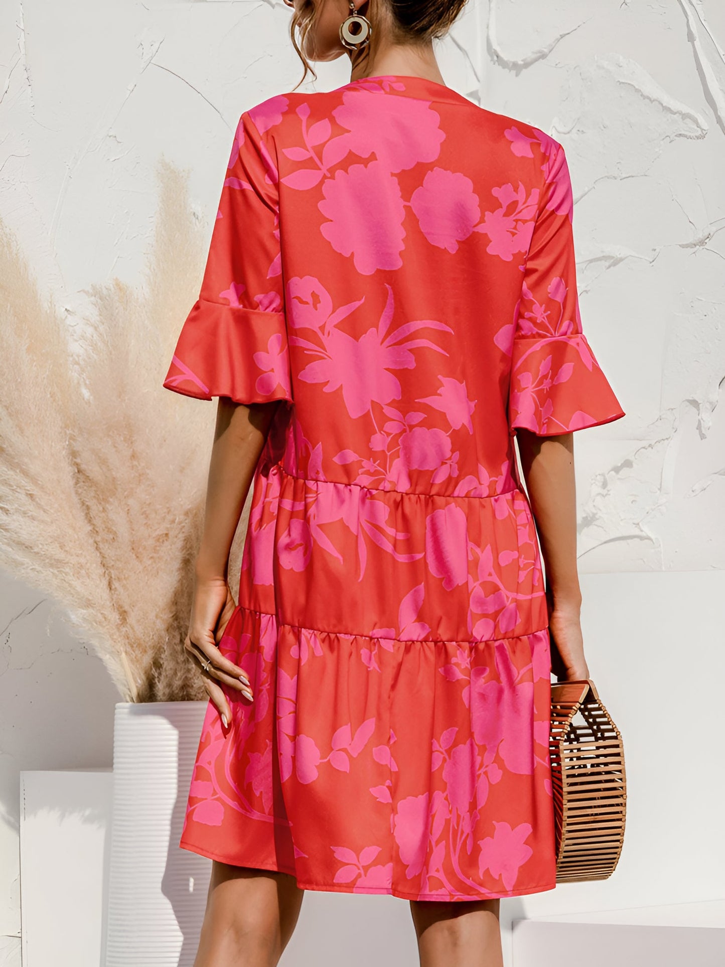 Rose Red - Women's lightweight leopard print mini dress featuring a V-neckline with front ties, flared half sleeves, and a tiered skirt.