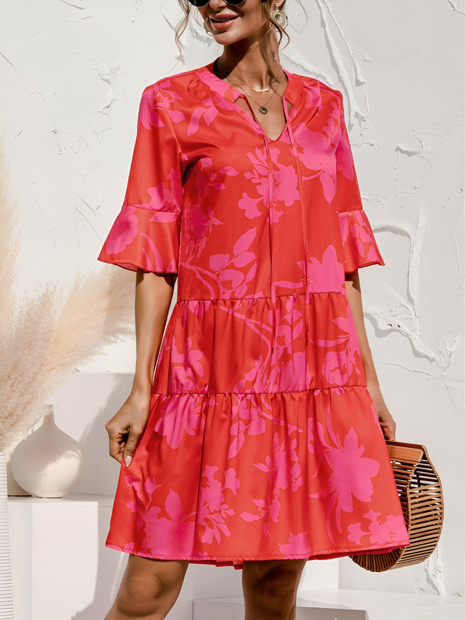 Rose Red - Women's lightweight leopard print mini dress featuring a V-neckline with front ties, flared half sleeves, and a tiered skirt.