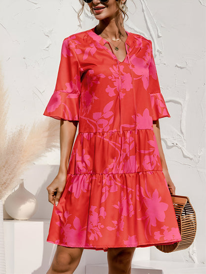 Rose Red - Women's lightweight leopard print mini dress featuring a V-neckline with front ties, flared half sleeves, and a tiered skirt.
