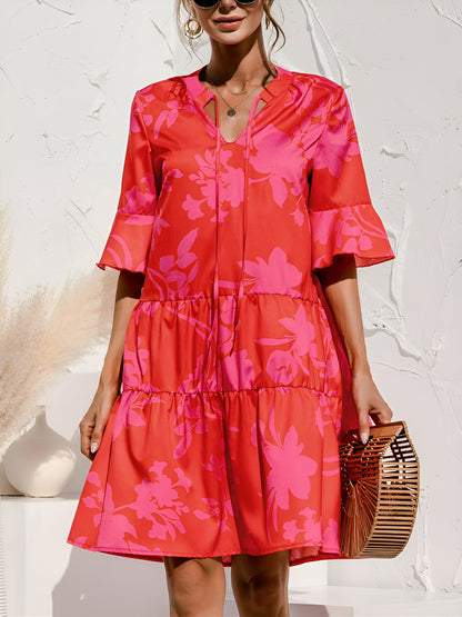 Rose Red - Women's lightweight leopard print mini dress featuring a V-neckline with front ties, flared half sleeves, and a tiered skirt.