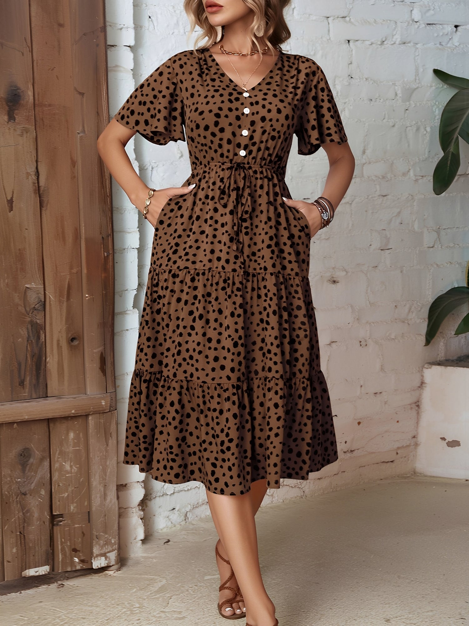 Leopard - Woman wearing a polka dot V-neck midi dress with a tie waist and a tiered skirt featuring side pockets.
