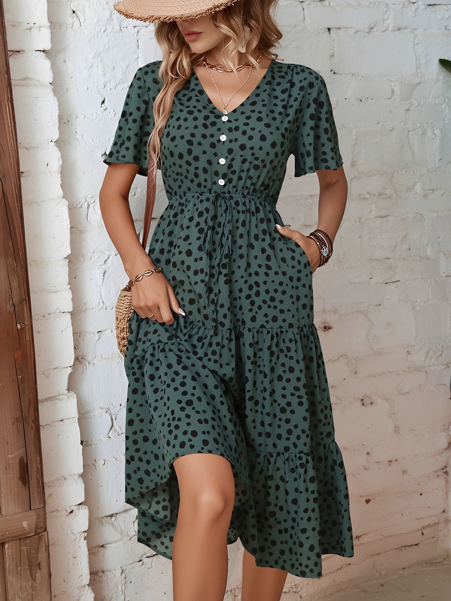 Dark Green - Woman wearing a polka dot V-neck midi dress with a tie waist and a tiered skirt featuring side pockets.