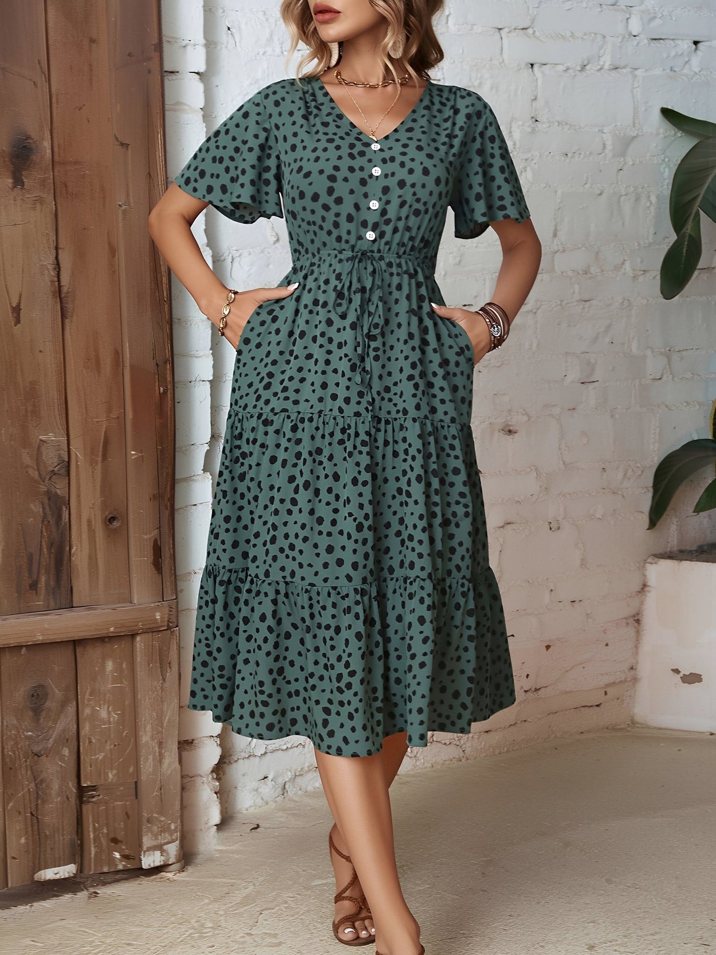 Dark Green - Woman wearing a polka dot V-neck midi dress with a tie waist and a tiered skirt featuring side pockets.