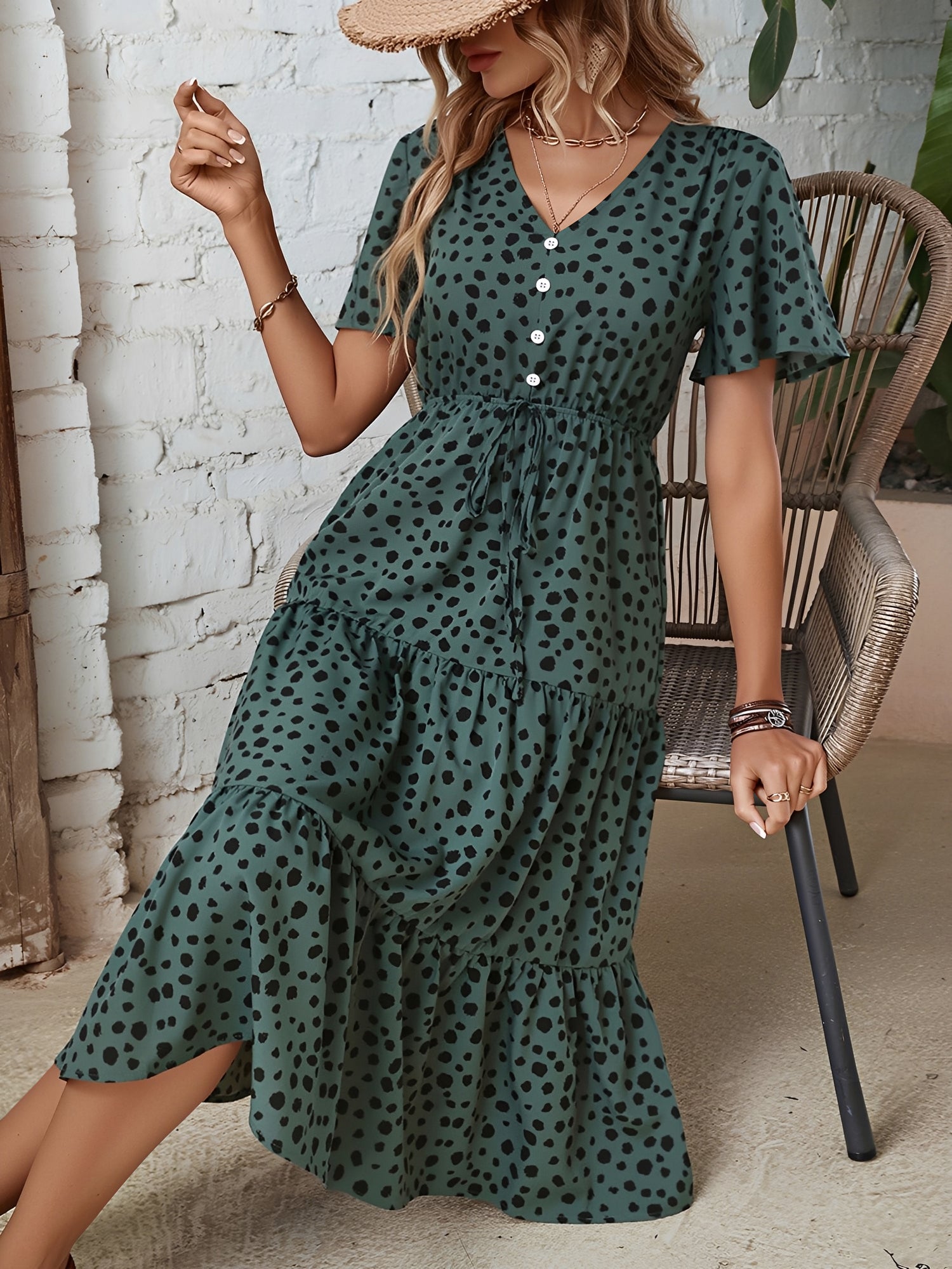 Dark Green - Woman wearing a polka dot V-neck midi dress with a tie waist and a tiered skirt featuring side pockets.