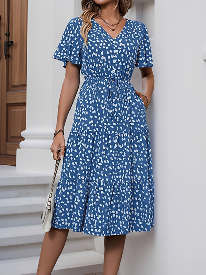 Blue - Woman wearing a polka dot V-neck midi dress with a tie waist and a tiered skirt featuring side pockets.
