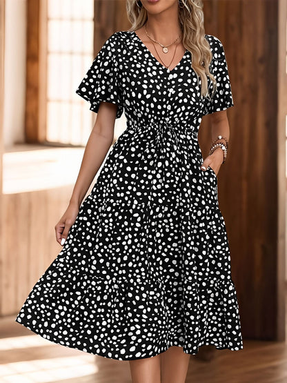 Black - Woman wearing a polka dot V-neck midi dress with a tie waist and a tiered skirt featuring side pockets.