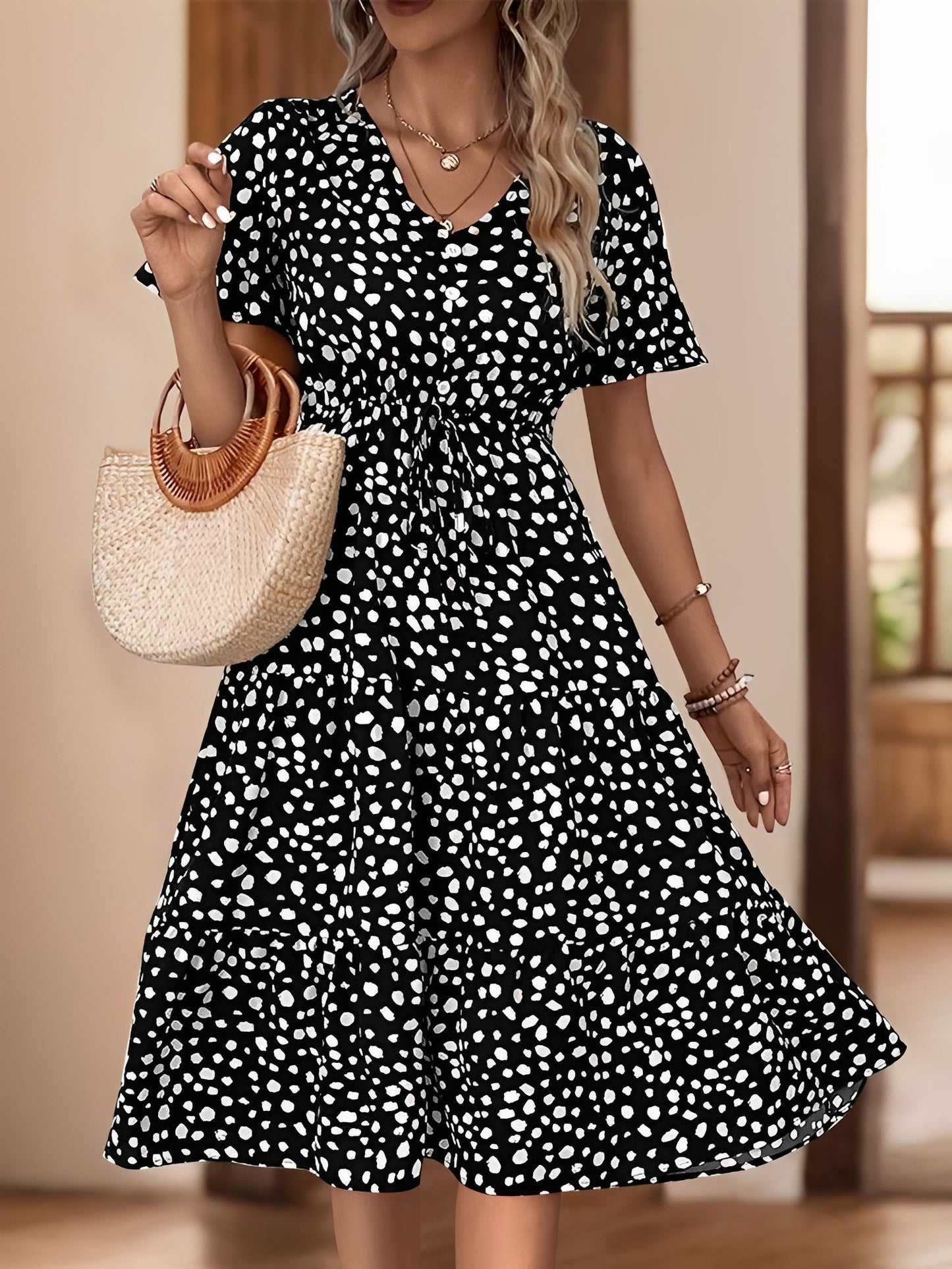 Black - Woman wearing a polka dot V-neck midi dress with a tie waist and a tiered skirt featuring side pockets.