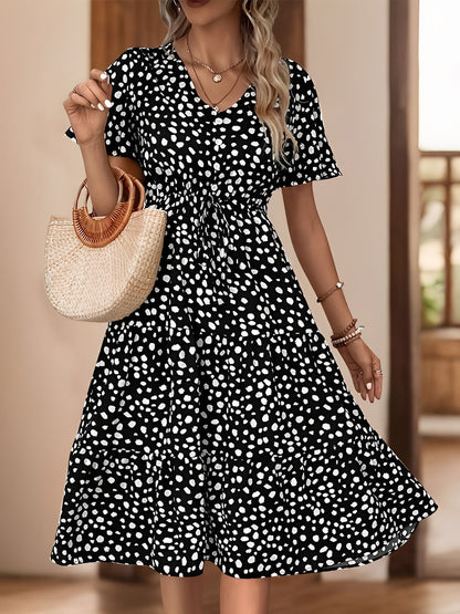 Black - Woman wearing a polka dot V-neck midi dress with a tie waist and a tiered skirt featuring side pockets.