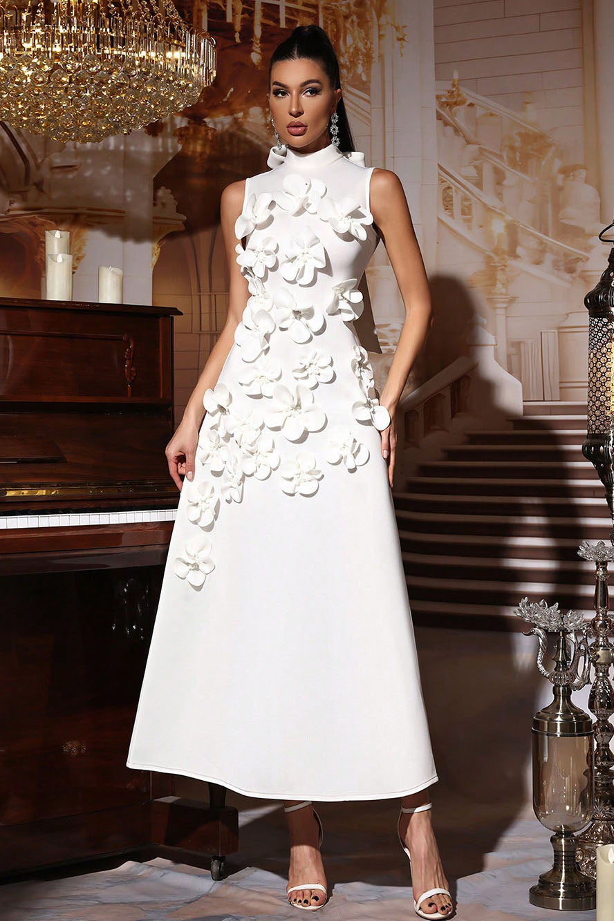 White - Sleeveless high neck maxi dress featuring a structured column silhouette and cascading dimensional floral appliques across the front bodice and skirt.