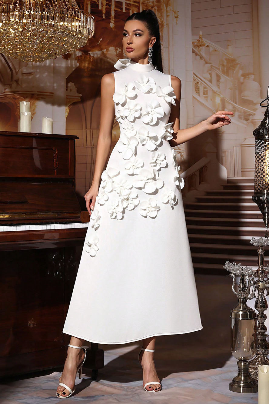 White - Sleeveless high neck maxi dress featuring a structured column silhouette and cascading dimensional floral appliques across the front bodice and skirt.