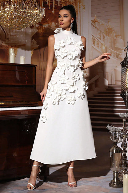 White - Sleeveless high neck maxi dress featuring a structured column silhouette and cascading dimensional floral appliques across the front bodice and skirt.