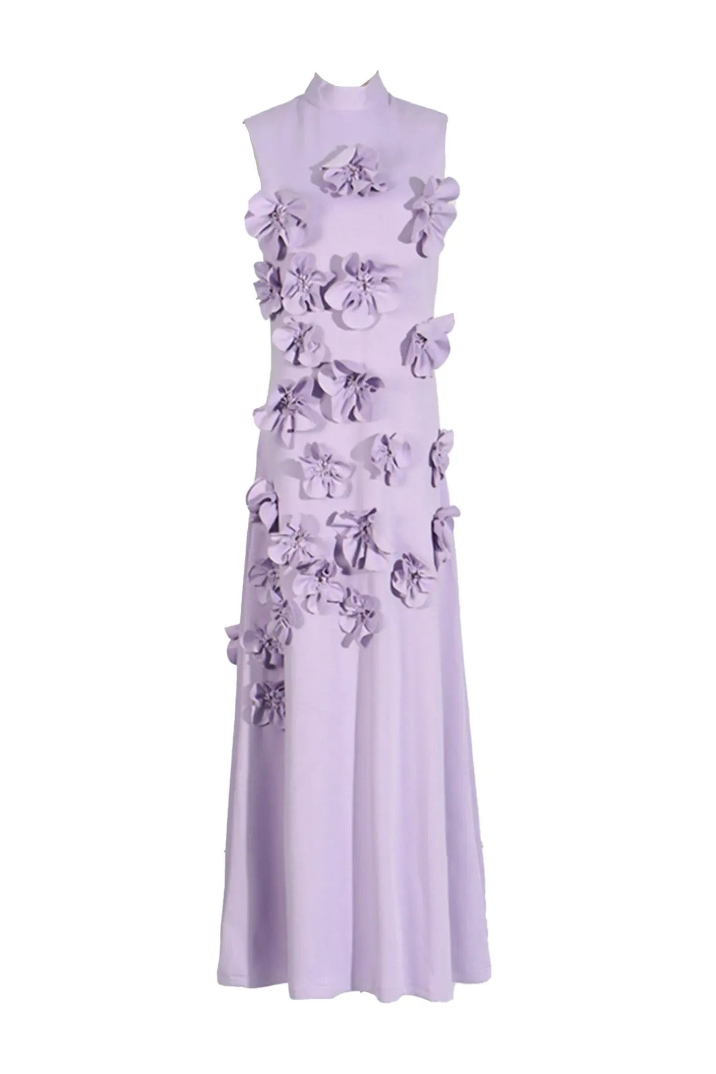 Purple - Sleeveless high neck maxi dress featuring a structured column silhouette and cascading dimensional floral appliques across the front bodice and skirt.