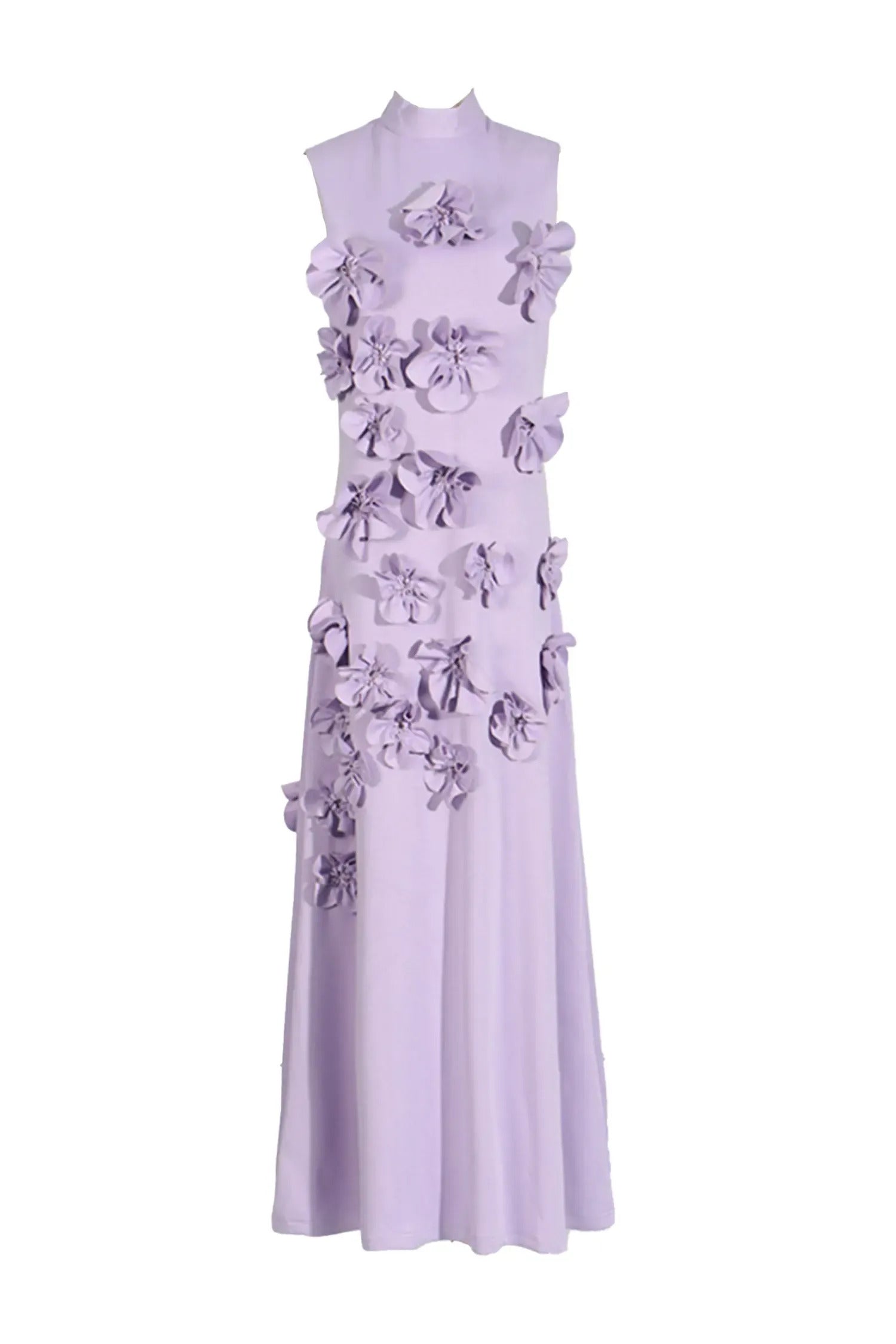 Purple - Sleeveless high neck maxi dress featuring a structured column silhouette and cascading dimensional floral appliques across the front bodice and skirt.