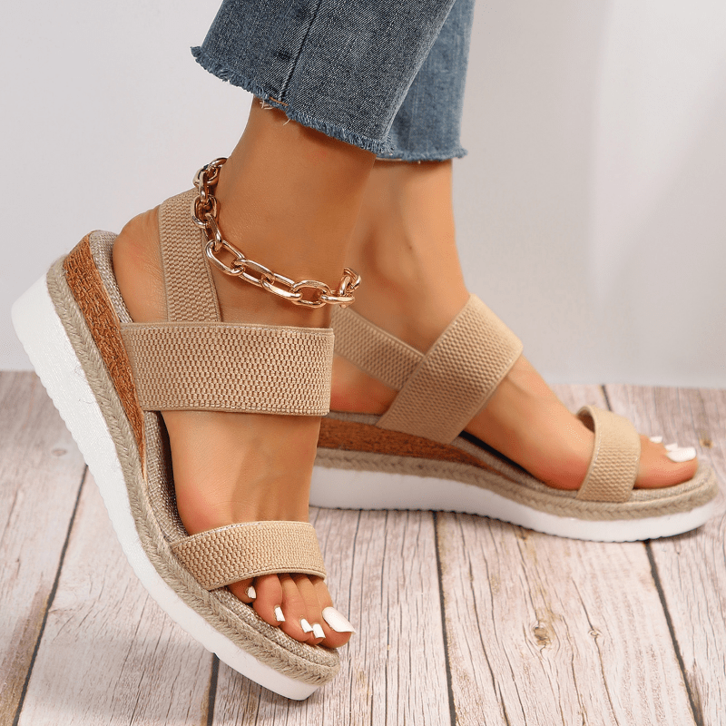 Brown (Almost sold out) - Women's open-toe platform sandals featuring woven elastic straps, a cushioned footbed, and espadrille jute trim on a thick shock-absorbing sole.