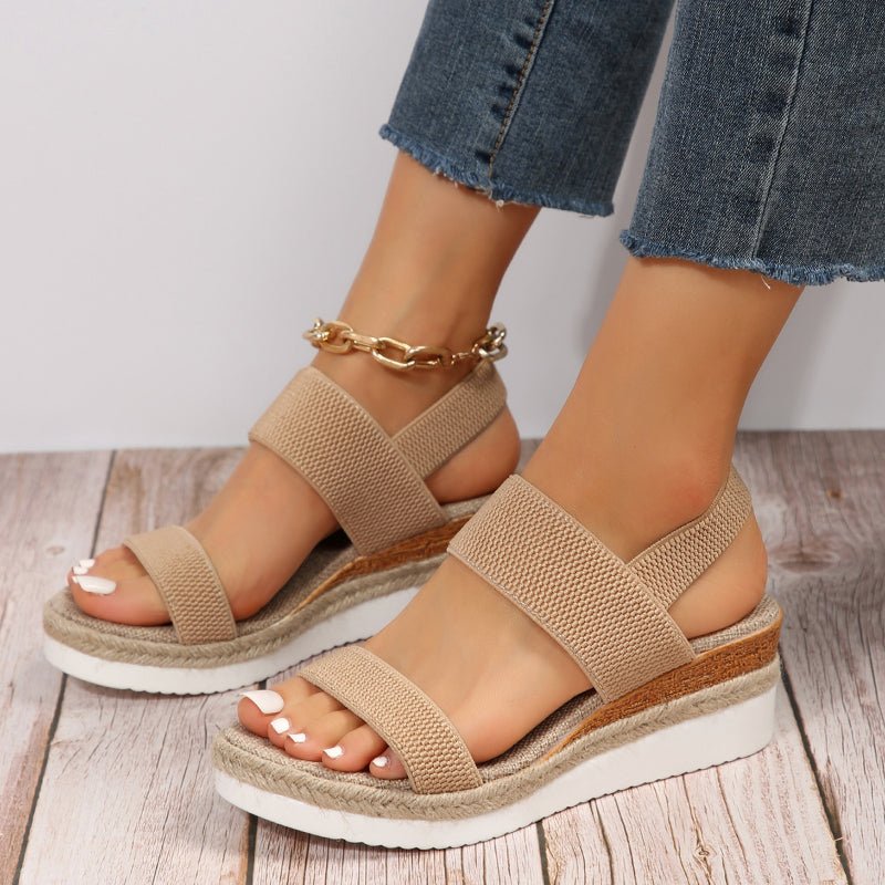 Brown (Almost sold out) - Women's open-toe platform sandals featuring woven elastic straps, a cushioned footbed, and espadrille jute trim on a thick shock-absorbing sole.