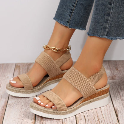 Brown (Almost sold out) - Women's open-toe platform sandals featuring woven elastic straps, a cushioned footbed, and espadrille jute trim on a thick shock-absorbing sole.