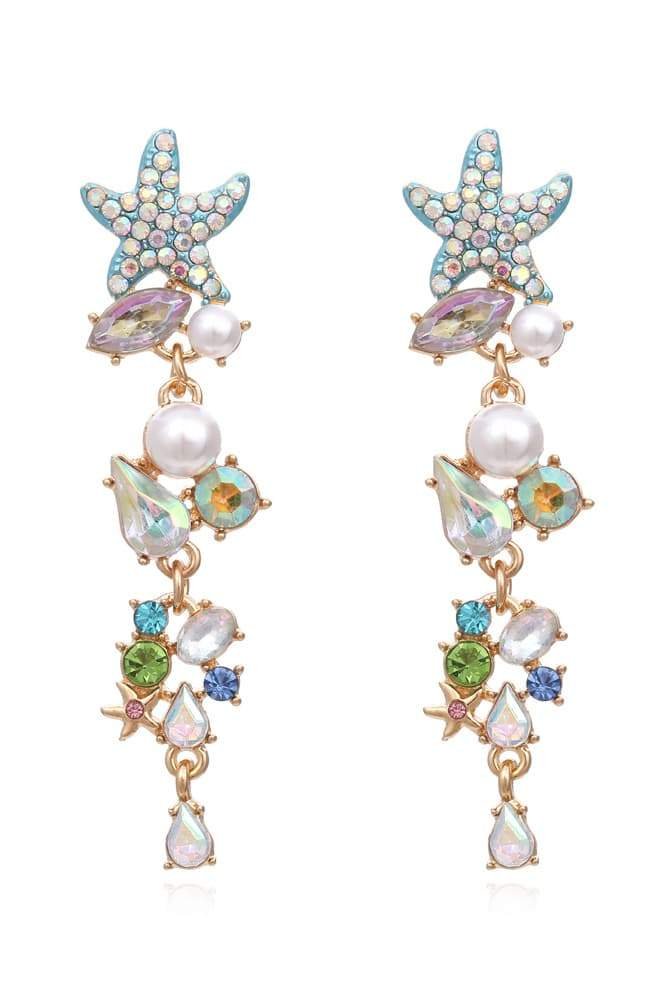 Multi - Enamel Crystal Pearl Starfish Drop Earrings-Sunfere