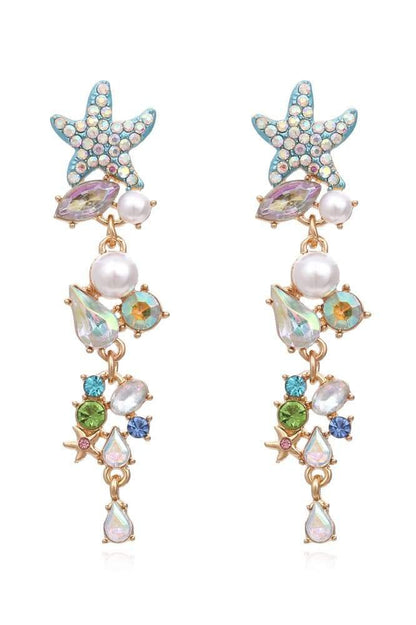 Multi - Enamel Crystal Pearl Starfish Drop Earrings-Sunfere