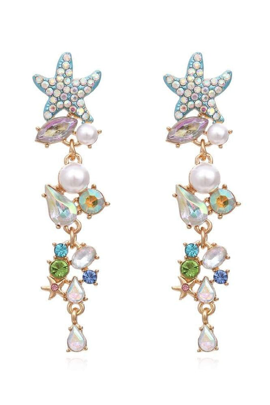 Multi - Enamel Crystal Pearl Starfish Drop Earrings-Sunfere