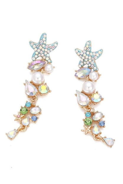 Multi - Enamel Crystal Pearl Starfish Drop Earrings-Sunfere
