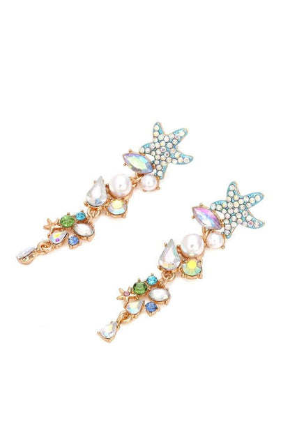 Multi - Enamel Crystal Pearl Starfish Drop Earrings-Sunfere