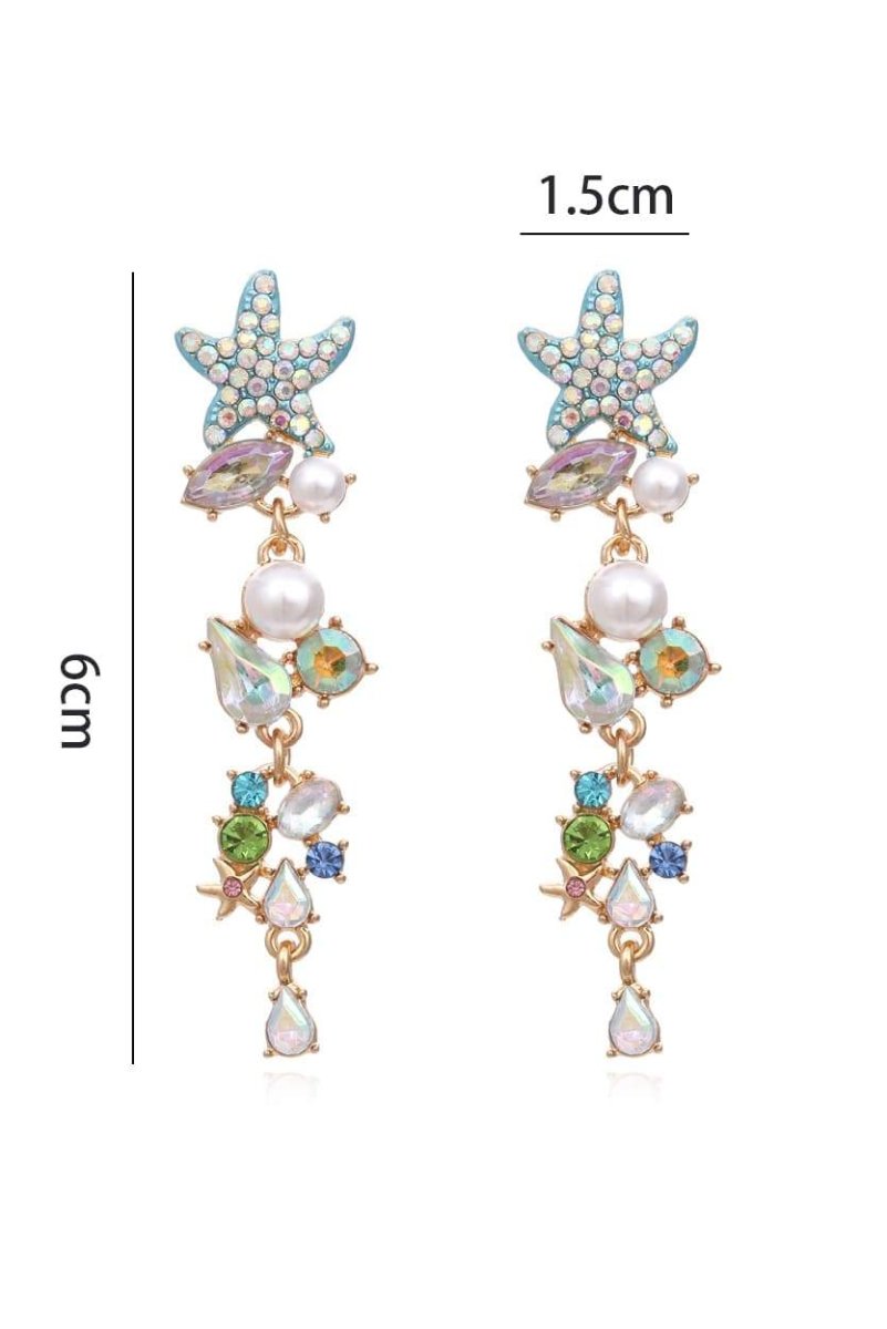Multi - Enamel Crystal Pearl Starfish Drop Earrings-Sunfere