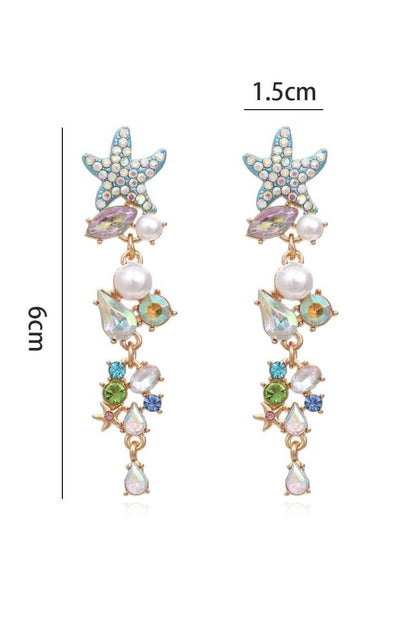 Multi - Enamel Crystal Pearl Starfish Drop Earrings-Sunfere