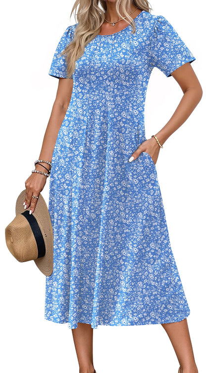 Fantaslook Summer Dresses for Women Casual Short Sleeve Pleated Dress Flowy Floral Dress with Pockets Flare Midi Sundress